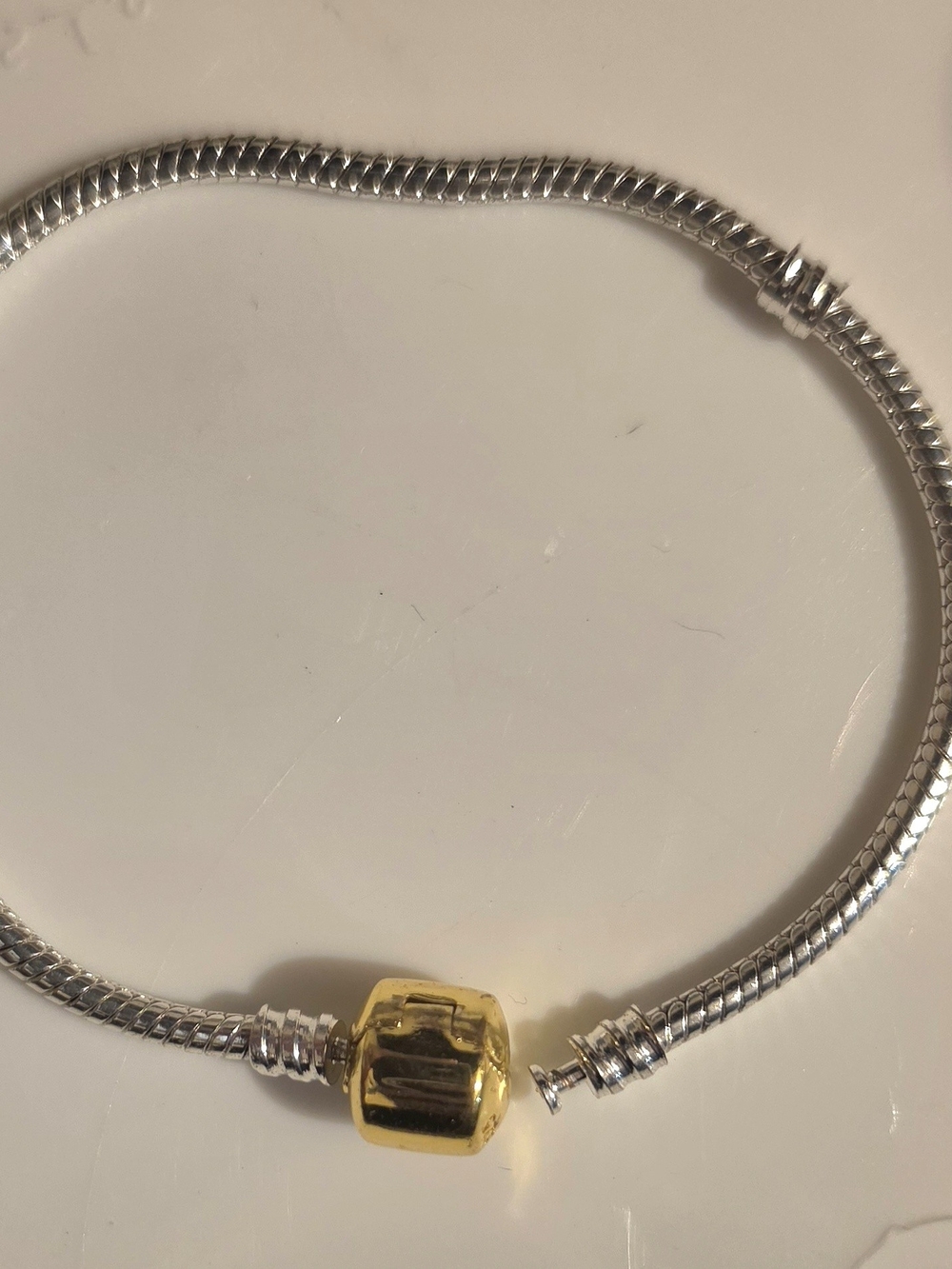 Two Tone Sterling Silver 92Snake Chain Bracelet with Gold Accent Bead Clasp 7.5"